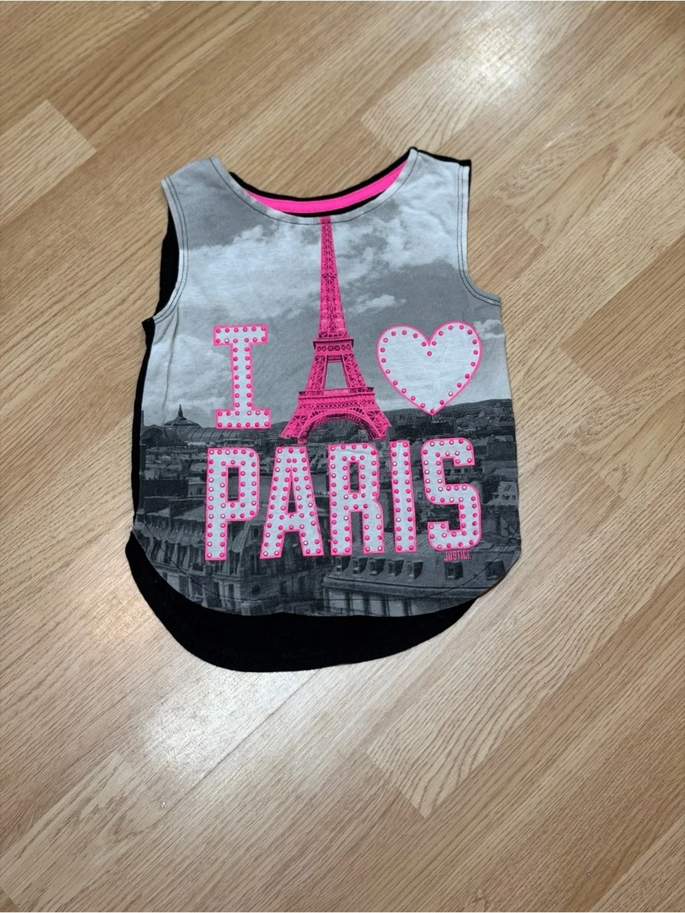 Justice Girls Size 5 I Love Paris Eiffel Tower Rhinestone Graphic High Low Tank